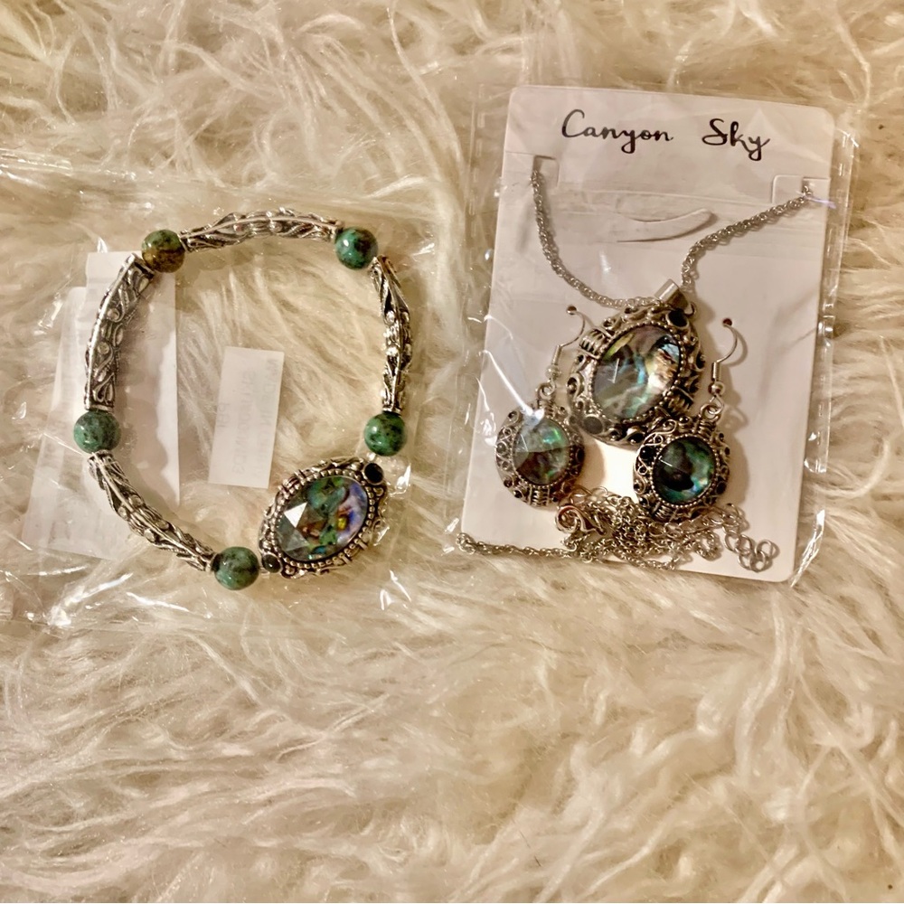 NWT Set of Abalone Necklace, Earrings and Bracelet